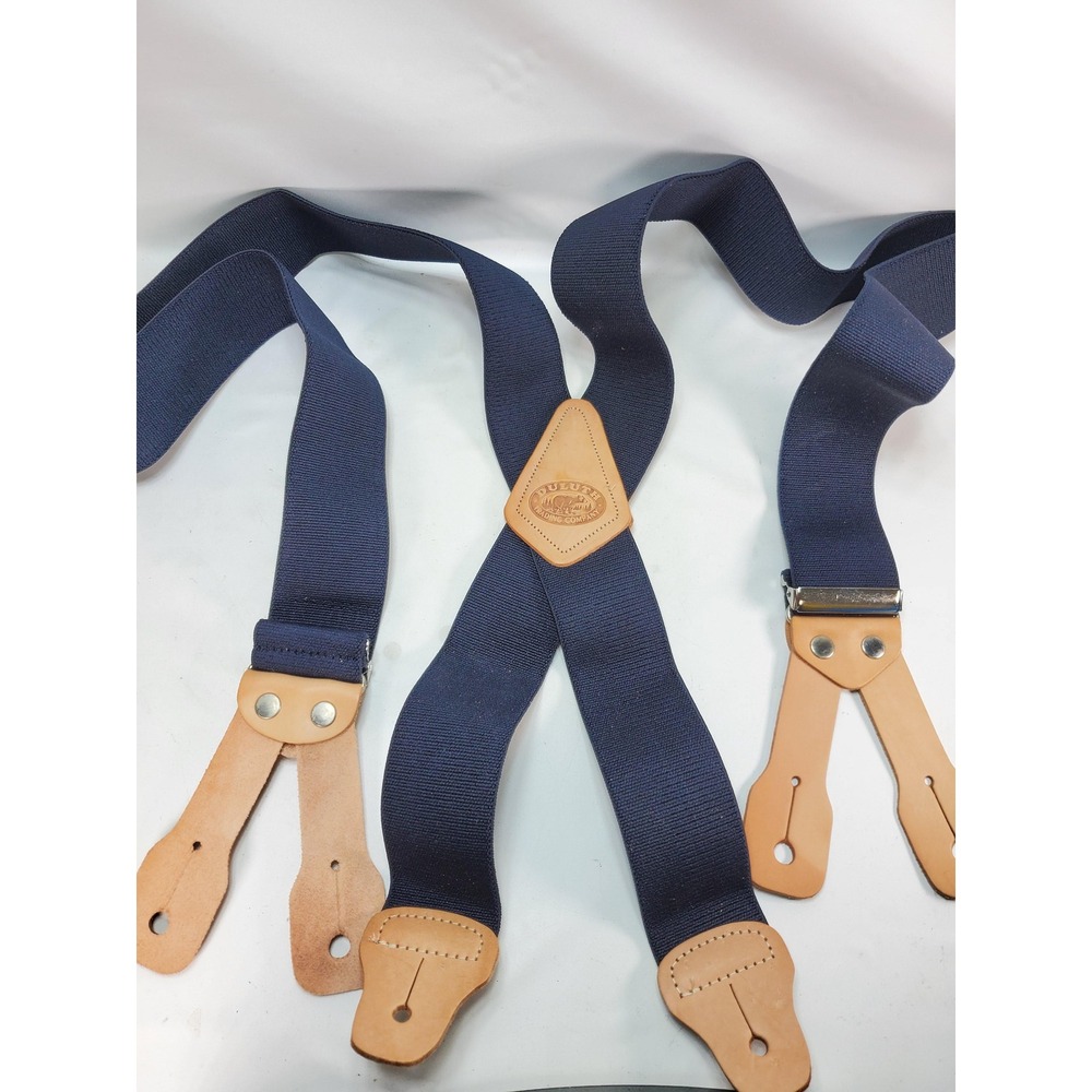 Duluth Trading Co Suspenders Mens Navy Blue Heavy Duty 2" Elastic X-Back Leather